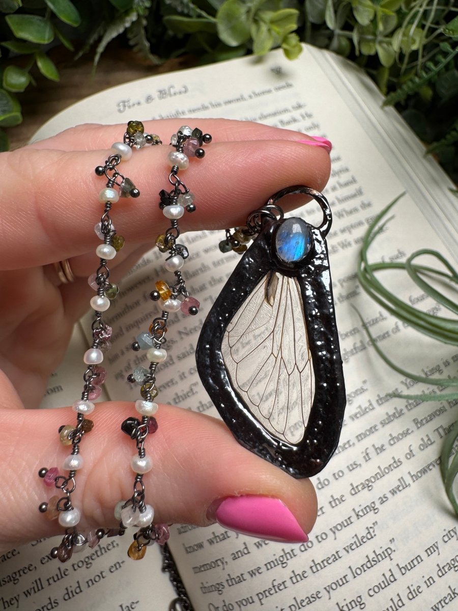 Moonstone and Cicada Wing Necklace with Pearl and Watermelon Tourmaline Beaded Chain | Copper Ashes