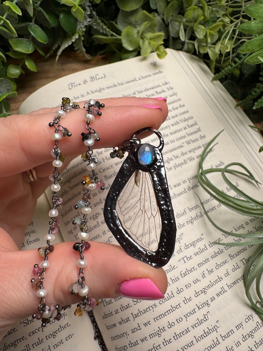 Moonstone and Cicada Wing Necklace with Pearl and Watermelon Tourmaline Beaded Chain | Copper Ashes