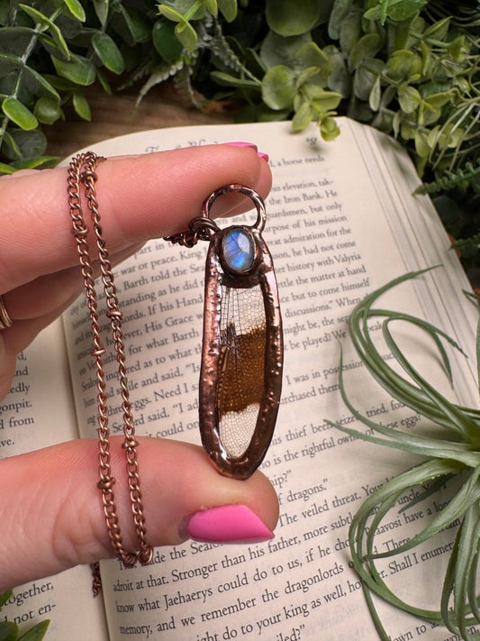 Moonstone and Dragonfly Wing Necklace | Copper Ashes