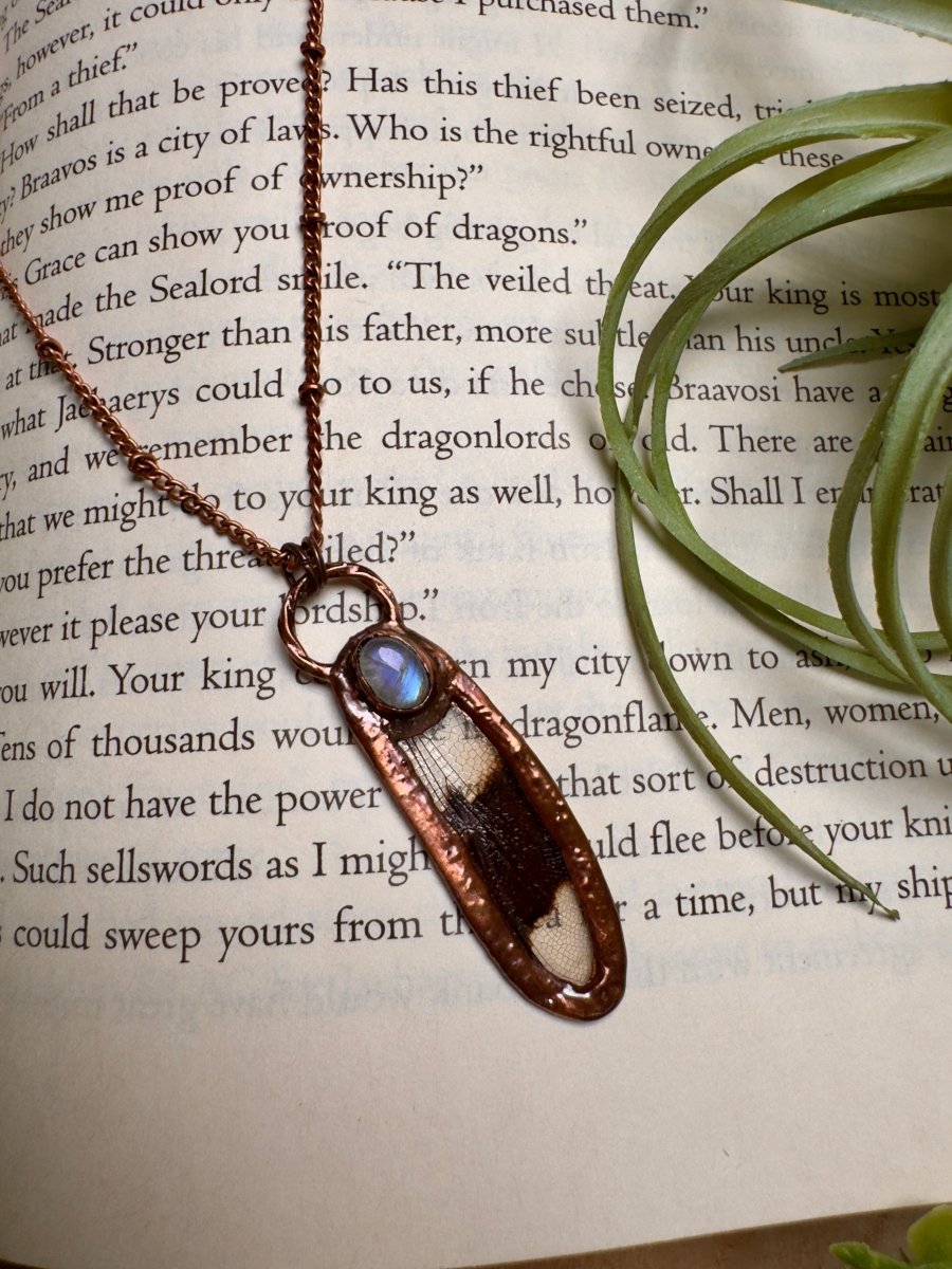 Moonstone and Dragonfly Wing Necklace | Copper Ashes