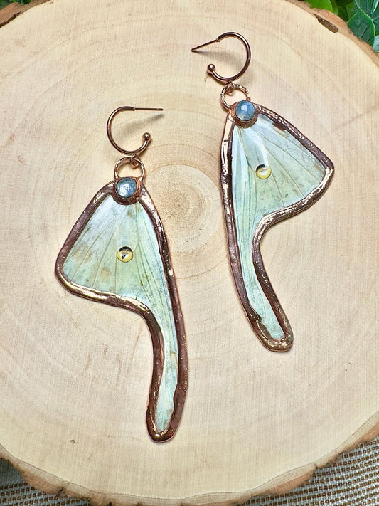 Moonstone and Luna Moth Wing Earrings | Copper Ashes