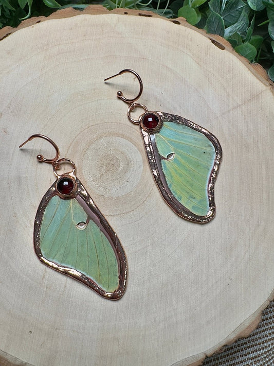 Moonstone and Luna Moth Wing Earrings | Copper Ashes