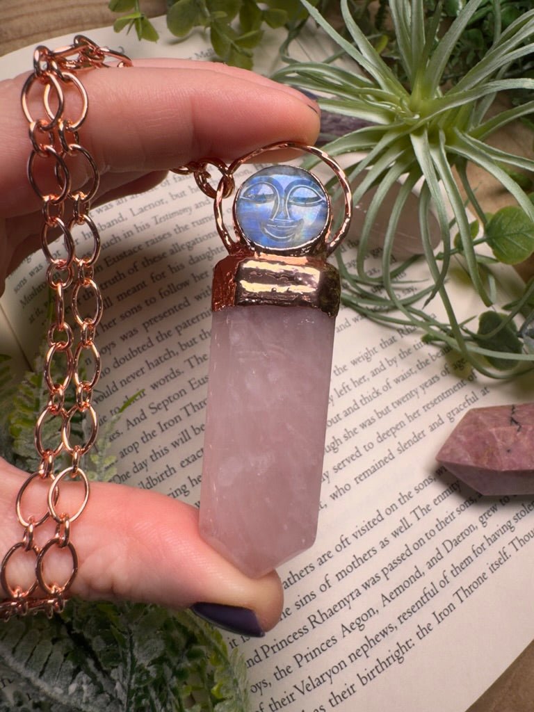 Moonstone Goddess and Rose Quartz Necklace | Copper Ashes