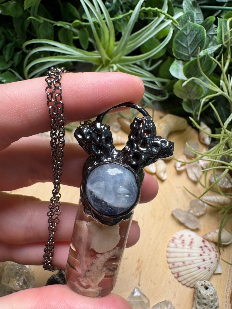 Moonstone Goddess, Coral, and Octopus Tentacle Oddity Vial Necklace | Copper Ashes