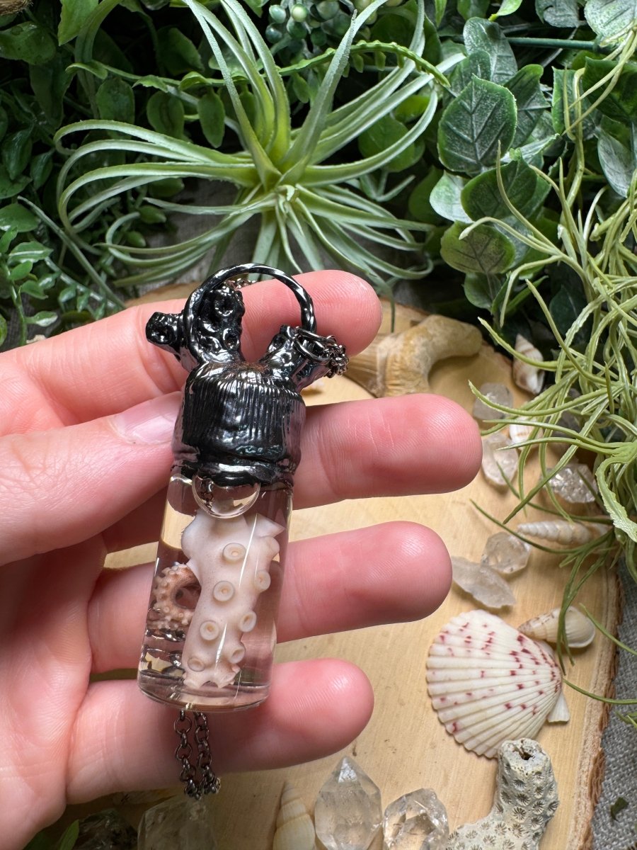 Moonstone Goddess, Coral, and Octopus Tentacle Oddity Vial Necklace | Copper Ashes