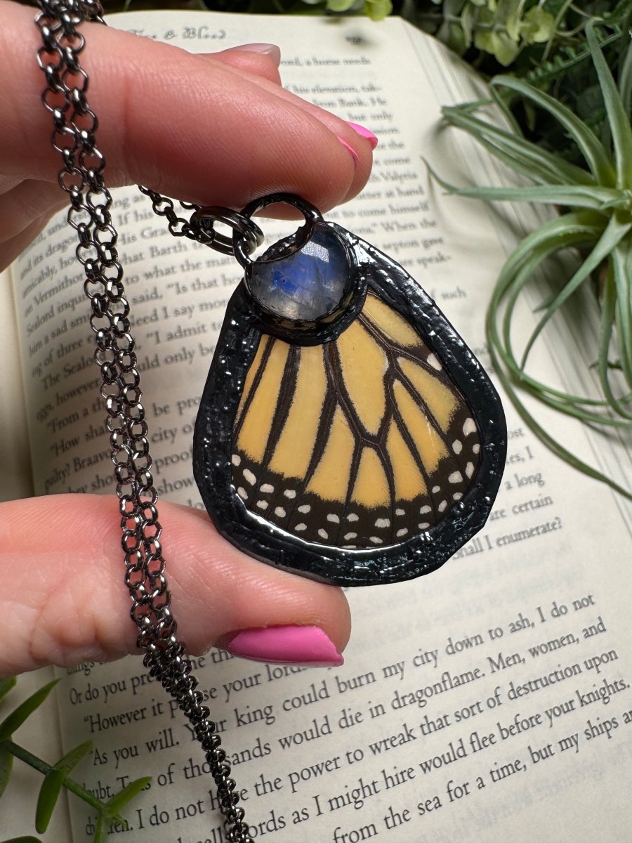 Moonstone Moon and Butterfly Wing Necklace | Copper Ashes