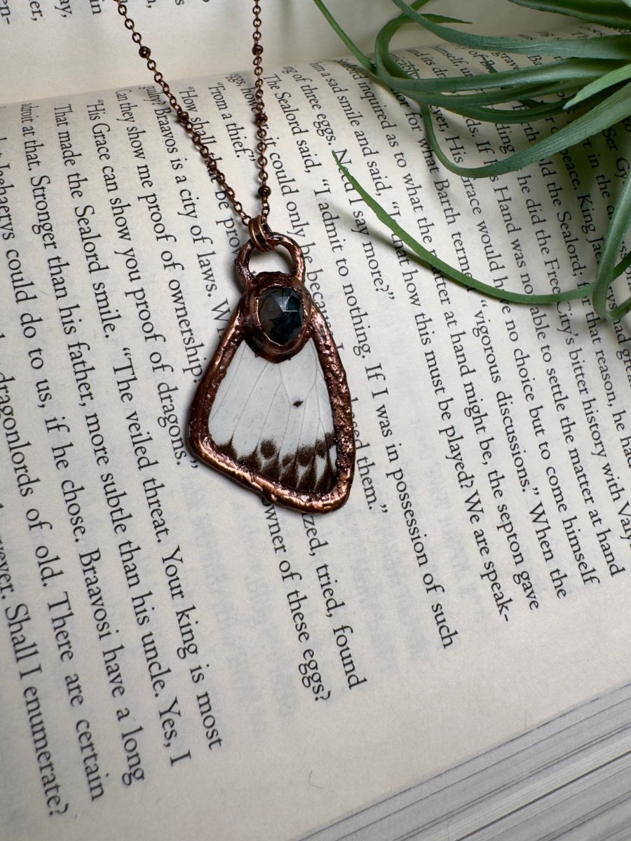 Moss Agate and Butterfly Wing Necklace | Copper Ashes