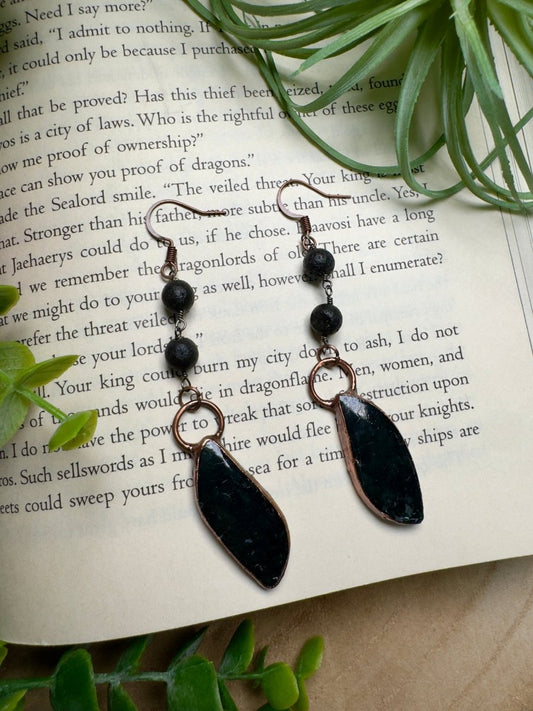 Moss Agate and Lava Stone Dangle Earrings | Copper Ashes