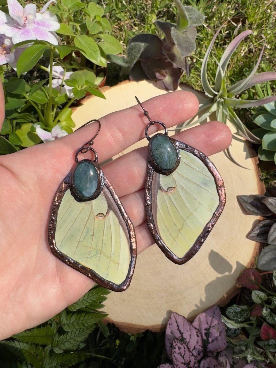Moss Agate and Luna Moth Wing Earrings | Copper Ashes
