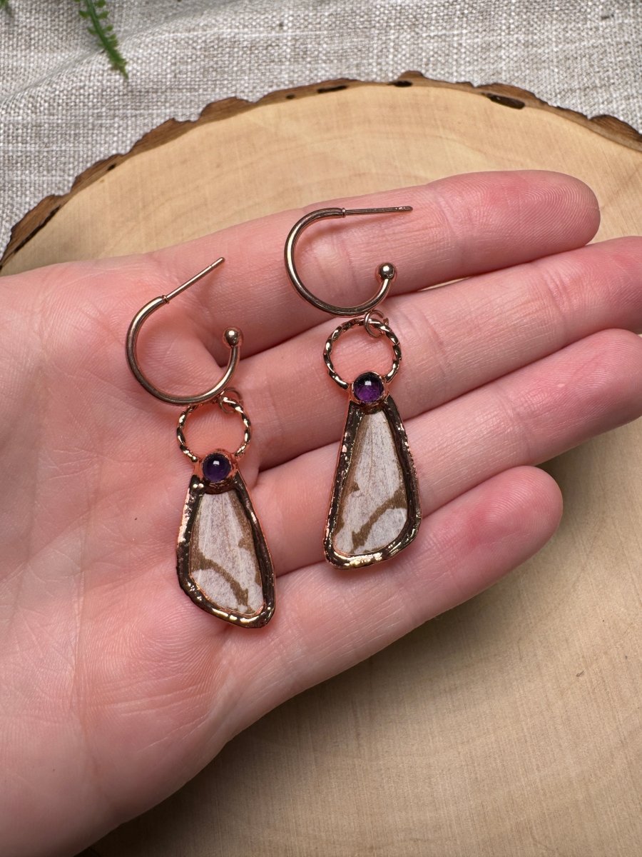 Moth Wing and Amethyst Earrings | Copper Ashes