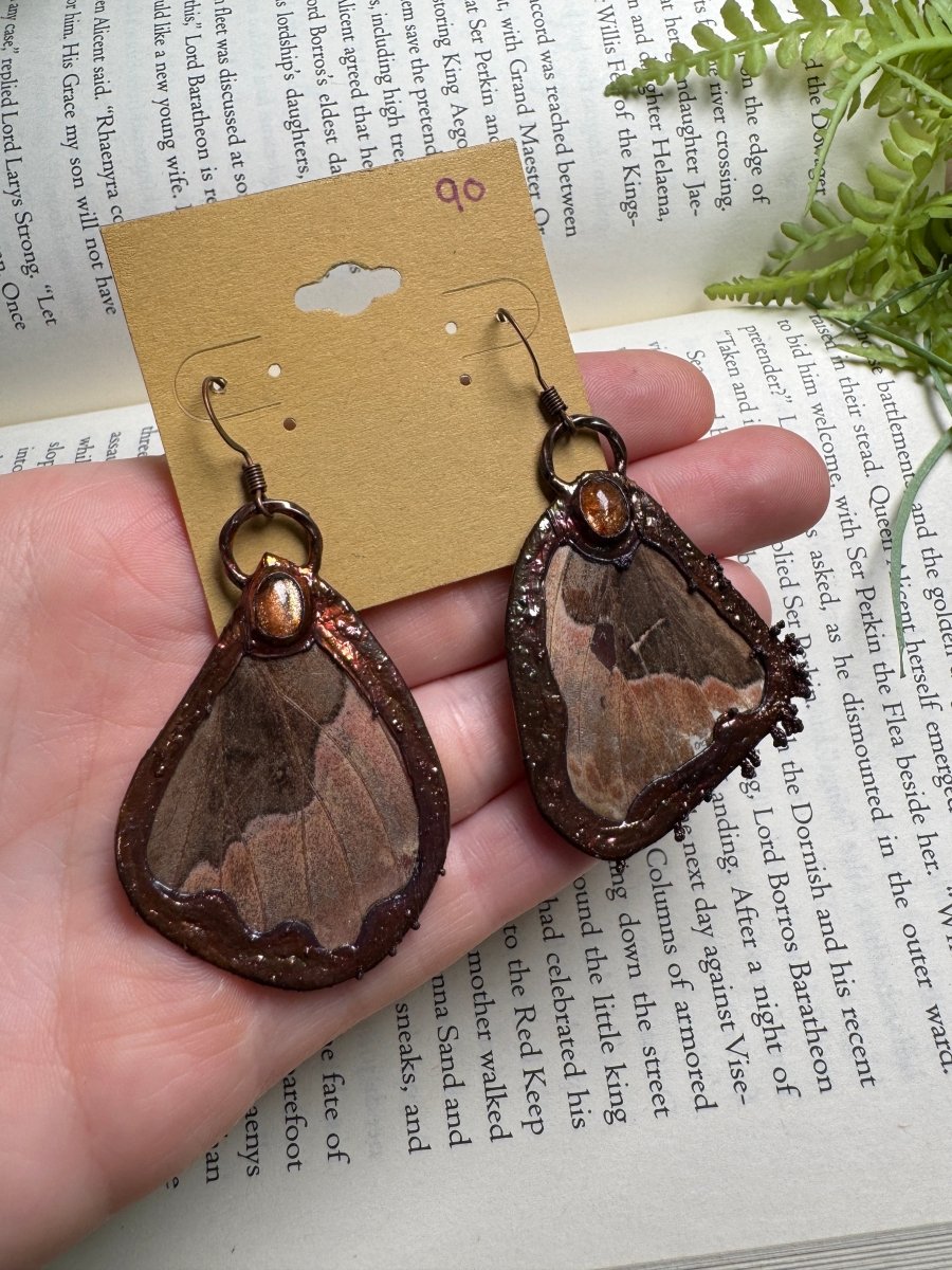 Moth Wing and Sunstone Earrings | Copper Ashes