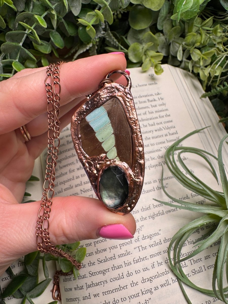 Mother of Pearl Shell under Glass and Butterfly Wing Necklace | Copper Ashes