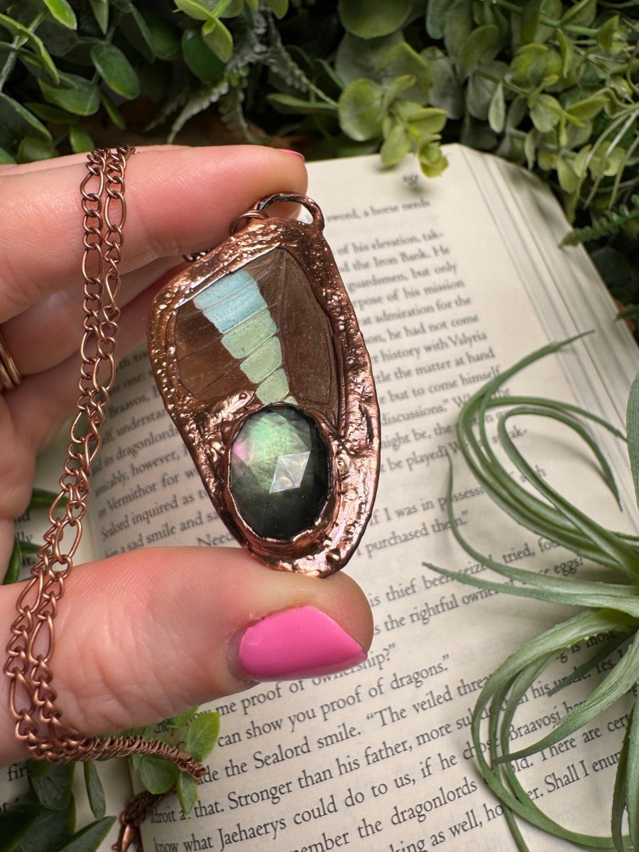 Mother of Pearl Shell under Glass and Butterfly Wing Necklace | Copper Ashes