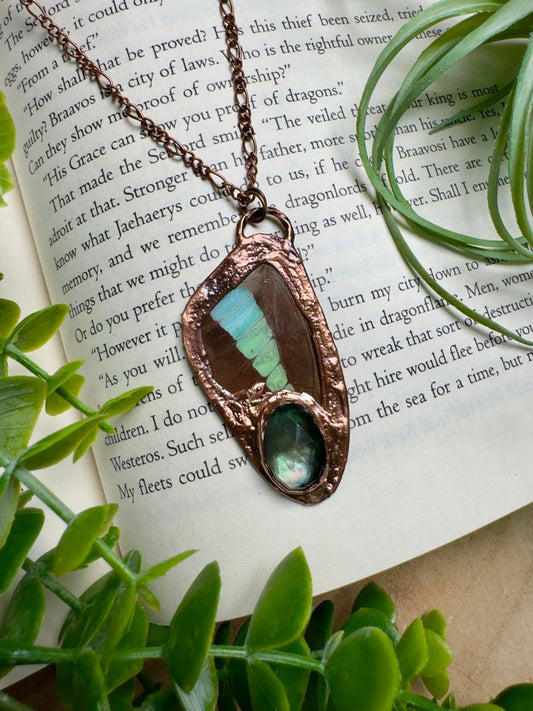 Mother of Pearl Shell under Glass and Butterfly Wing Necklace | Copper Ashes