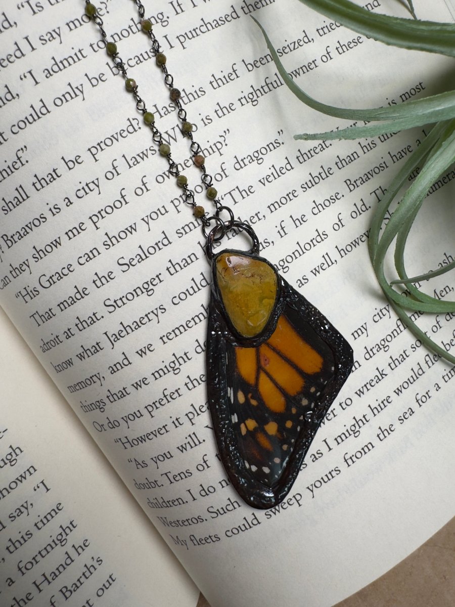 Natural Turquoise and Butterfly Wing Necklace with Unakite Jasper Beaded Chain | Copper Ashes