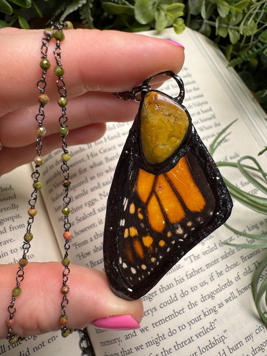 Natural Turquoise and Butterfly Wing Necklace with Unakite Jasper Beaded Chain | Copper Ashes