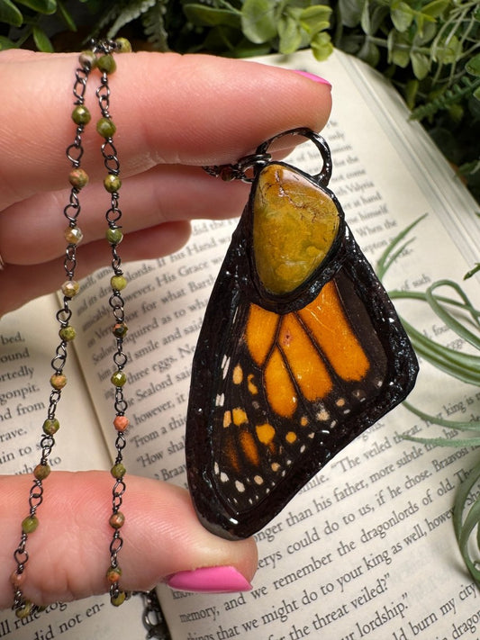 Natural Turquoise and Butterfly Wing Necklace with Unakite Jasper Beaded Chain | Copper Ashes