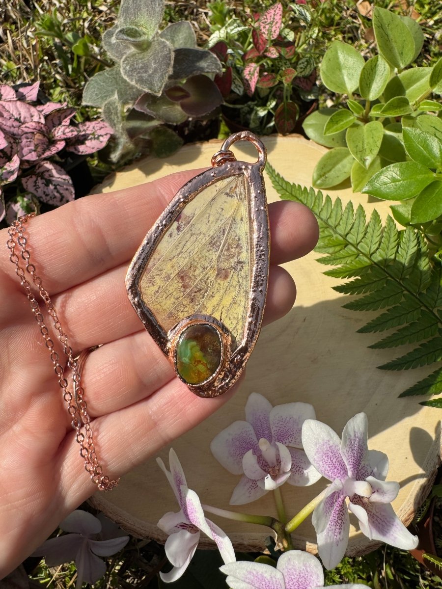 Natural Turquoise and Imperial Moth Wing Necklace | Copper Ashes