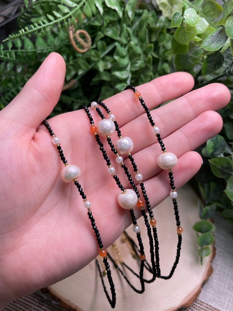 Obsidian and Freshwater Pearl Choker Necklace | Copper Ashes