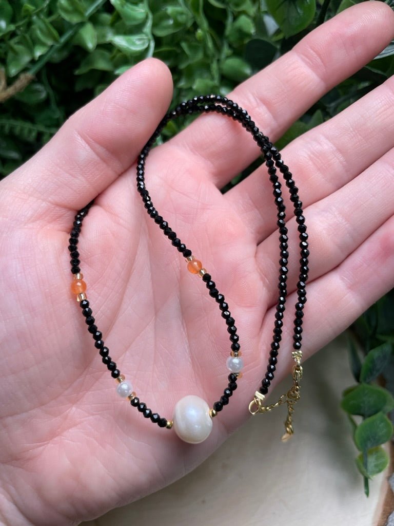 Obsidian and Freshwater Pearl Choker Necklace | Copper Ashes