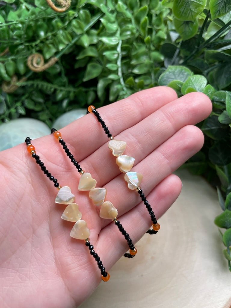 Obsidian and Mother of Pearl Shell Bracelet/ Anklet | Copper Ashes