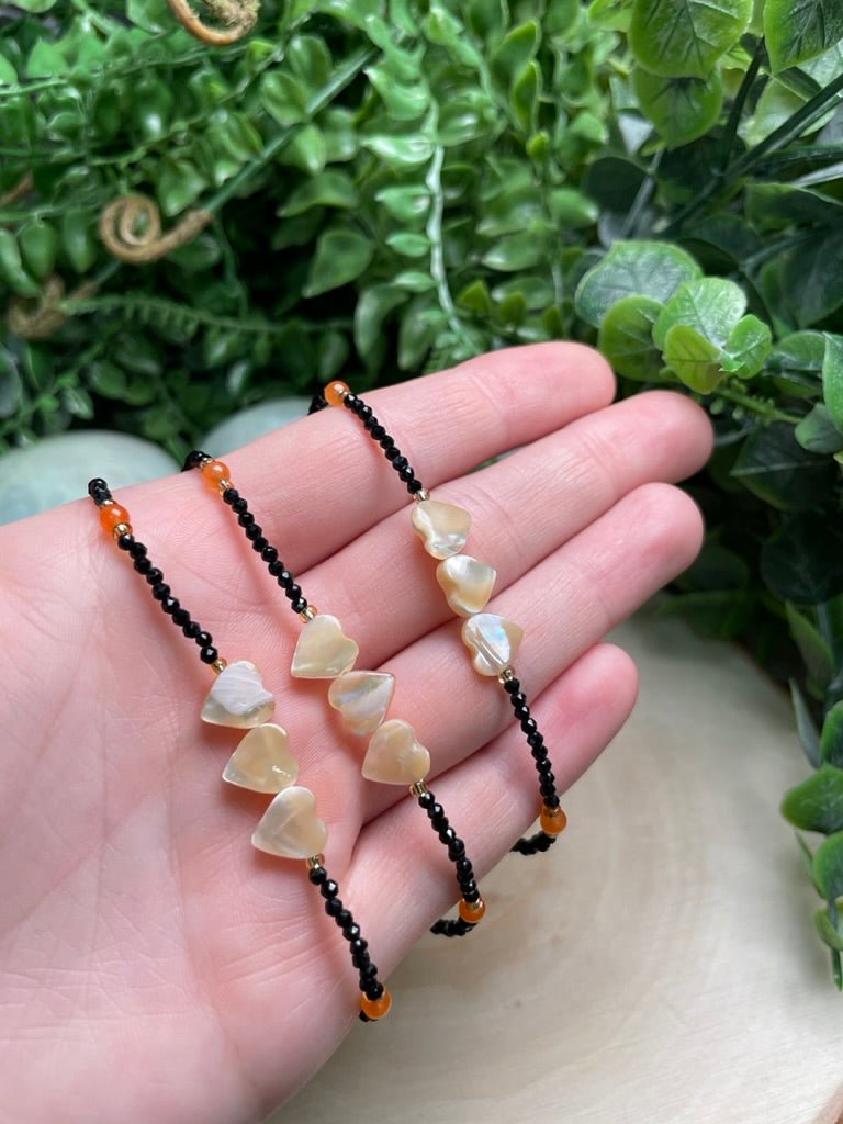 Obsidian and Mother of Pearl Shell Bracelet/ Anklet | Copper Ashes