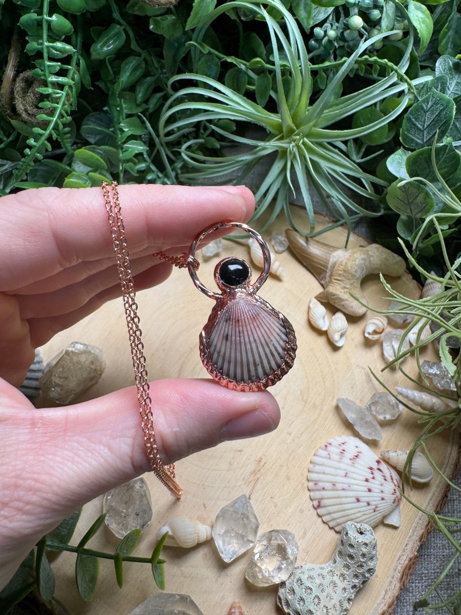 Obsidian and Scallop Shell Necklace | Copper Ashes
