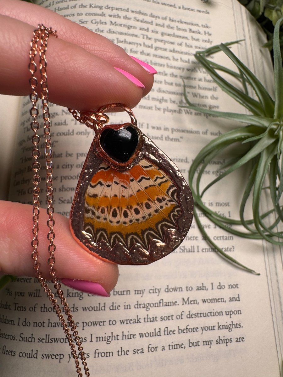 Obsidian Heart and Butterfly Wing Necklace | Copper Ashes