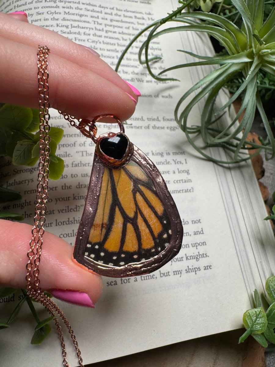 Obsidian Heart and Butterfly Wing Necklace | Copper Ashes