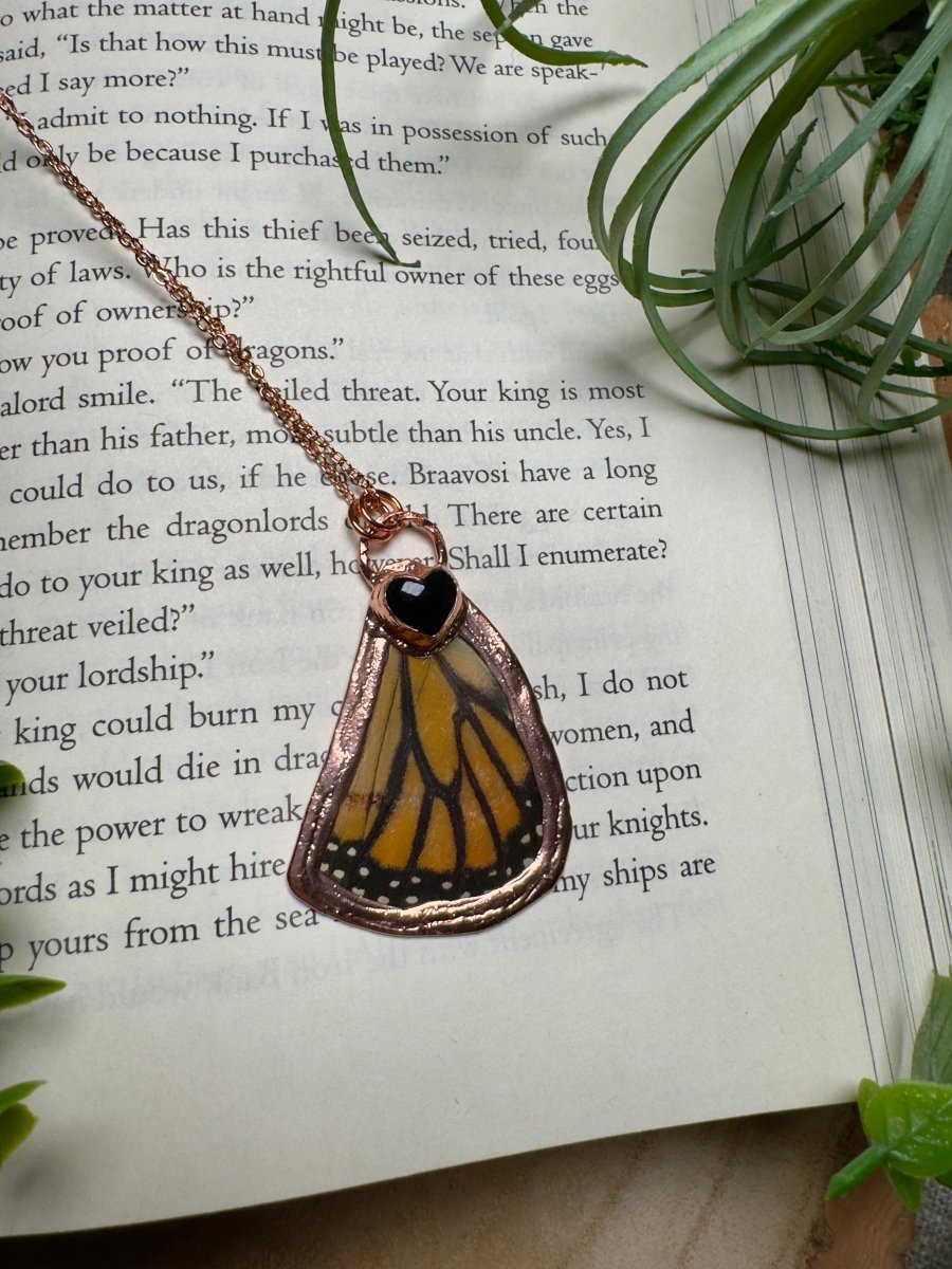 Obsidian Heart and Butterfly Wing Necklace | Copper Ashes