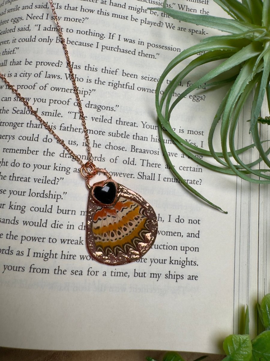 Obsidian Heart and Butterfly Wing Necklace | Copper Ashes