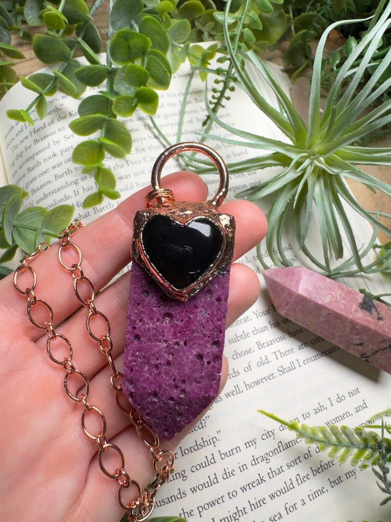 Obsidian Heart and Synthetic Ruby Statement Necklace | Copper Ashes