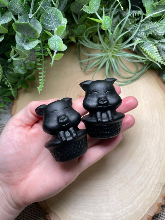 Obsidian Pig in a Basket | Copper Ashes