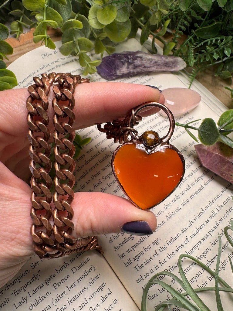 Orange Agate Heart and Tigers Eye Necklace | Copper Ashes