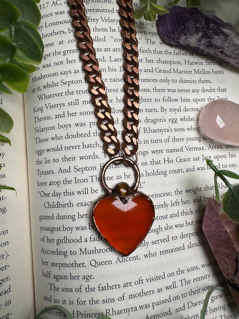 Orange Agate Heart and Tigers Eye Necklace | Copper Ashes