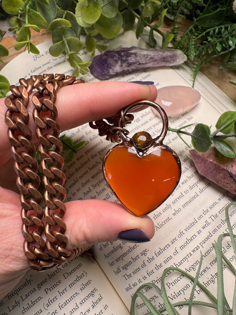 Orange Agate Heart and Tigers Eye Necklace | Copper Ashes