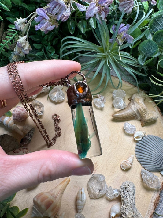Orange Garnet and Minnow Oddity Vial Necklace | Copper Ashes