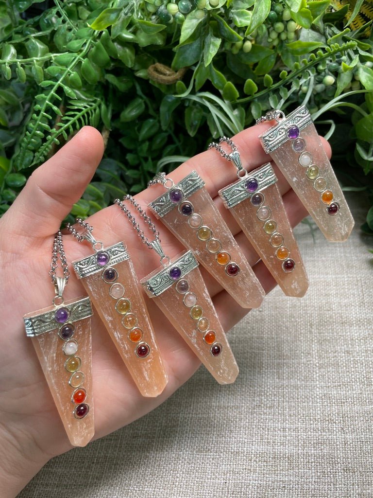 Peach Selenite and Chakra Crystal Necklace | Copper Ashes