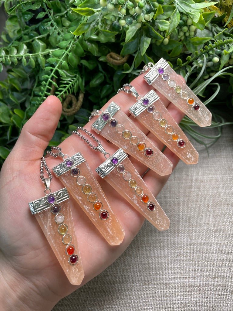 Peach Selenite and Chakra Crystal Necklace | Copper Ashes