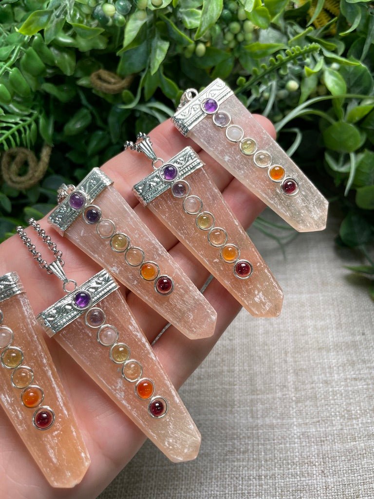 Peach Selenite and Chakra Crystal Necklace | Copper Ashes