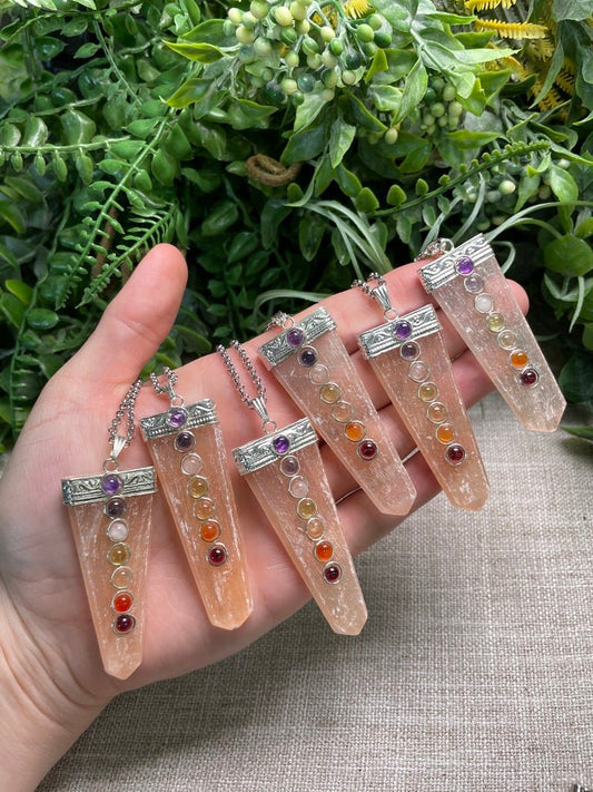 Peach Selenite and Chakra Crystal Necklace | Copper Ashes