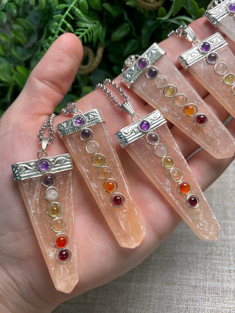 Peach Selenite and Chakra Crystal Necklace | Copper Ashes