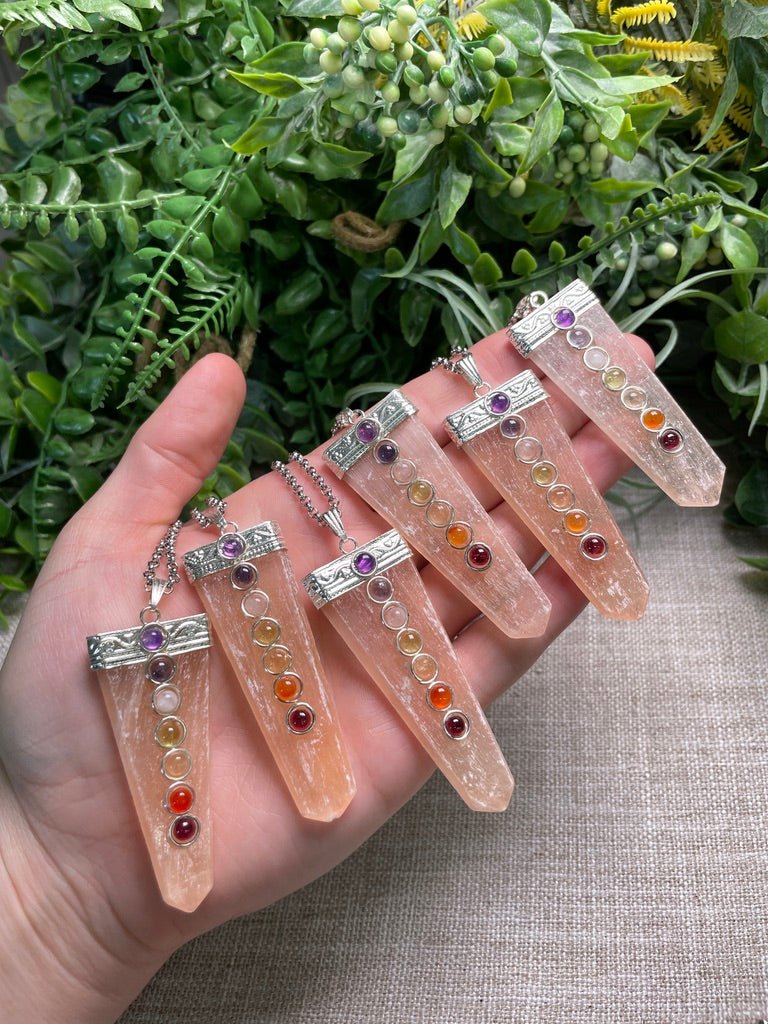 Peach Selenite and Chakra Crystal Necklace | Copper Ashes