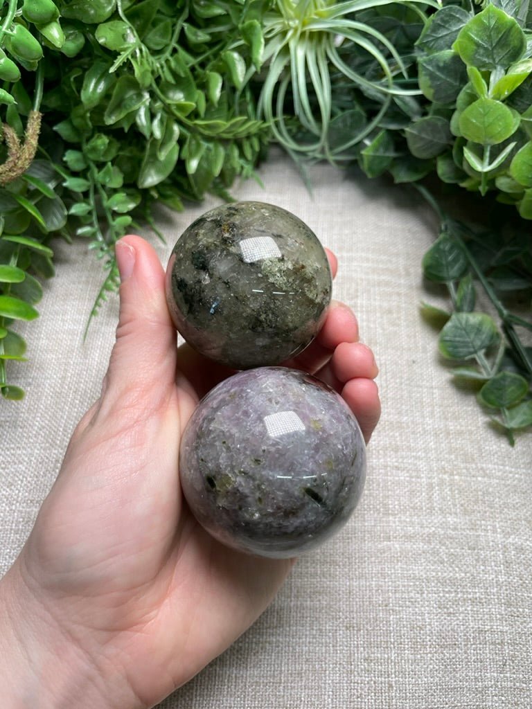 Quartz with Green Tourmaline Inclusions Sphere | Copper Ashes