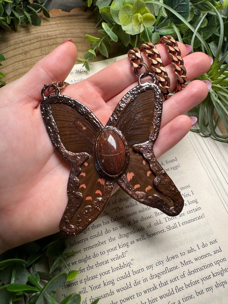 Red Jasper and Butterfly Wing Statement Necklace | Copper Ashes