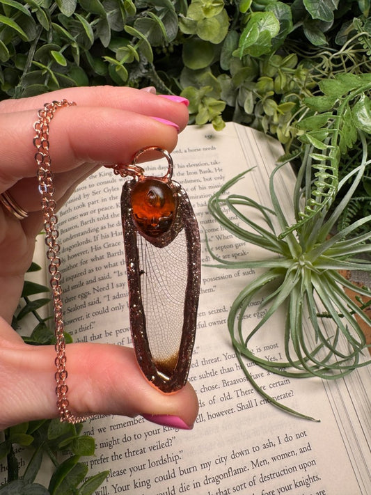 Resin Face and Dragonfly Wing Necklace | Copper Ashes