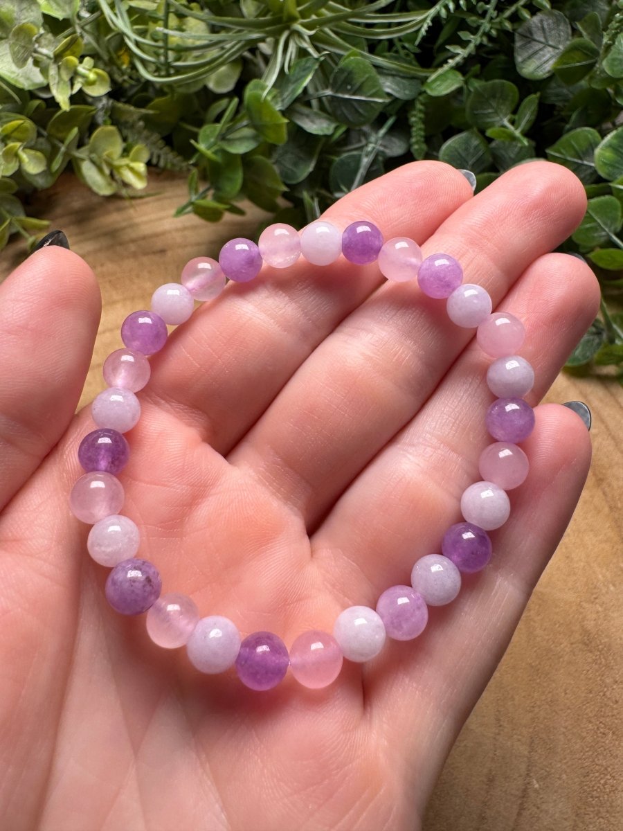 Rose Quartz, Amethyst, and Kunzite Beaded Bracelet with 6mm Beads | Copper Ashes