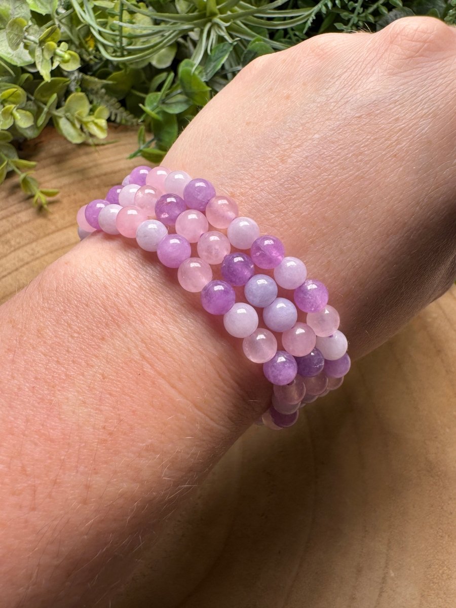 Rose Quartz, Amethyst, and Kunzite Beaded Bracelet with 6mm Beads | Copper Ashes