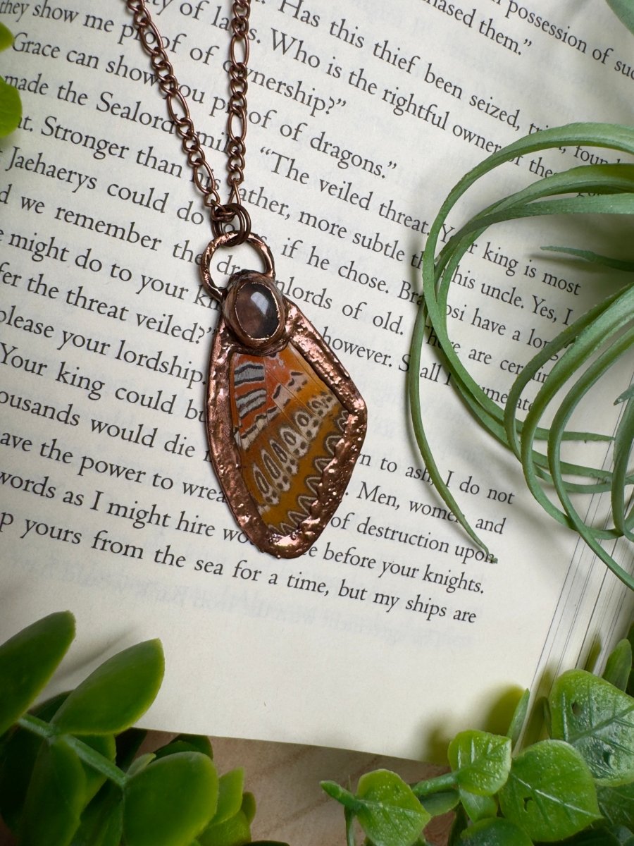 Rose Quartz and Butterfly Wing Necklace | Copper Ashes