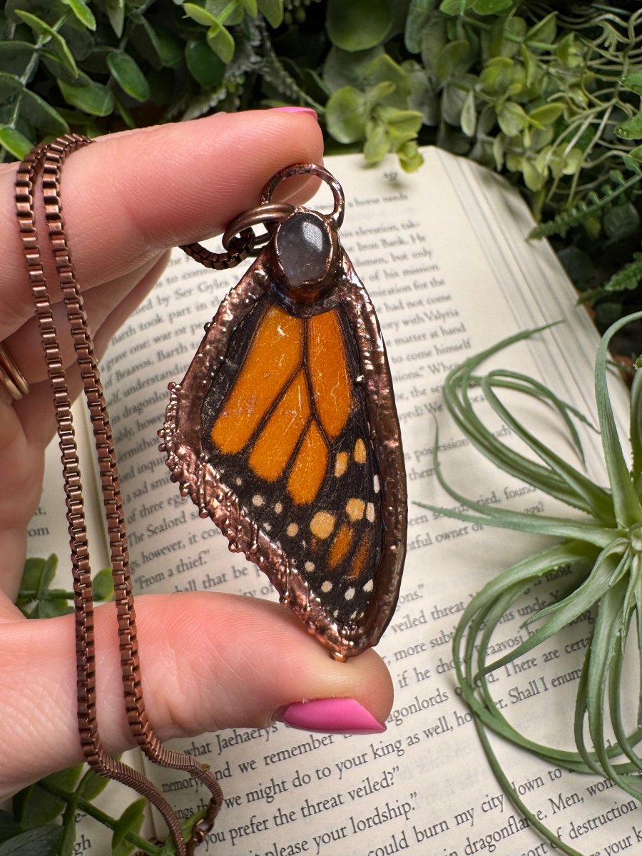 Rose Quartz and Butterfly Wing Necklace | Copper Ashes